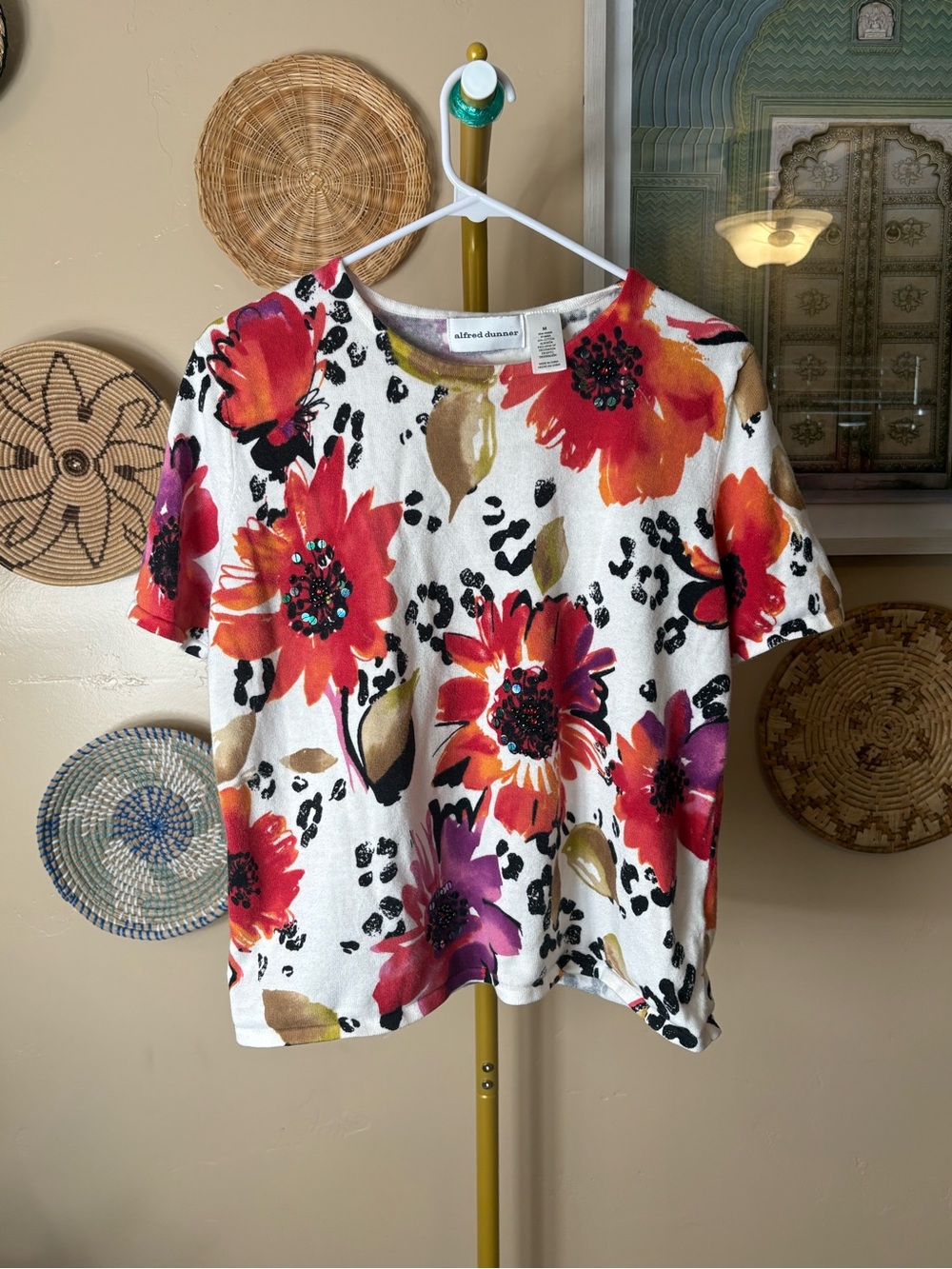 Alfred Dunner White Short Sleeve Top with Red, Purple & Gold Floral Print